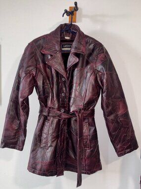 RARE! • Legacy • Vintage Burgundy Patchwork Leather Jacket Belted Button Down
